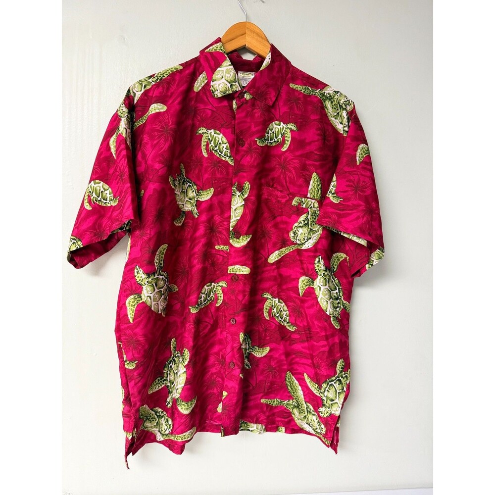 Rima Mens Large Hawaiian Shirt Red Green Sea Turtle Tropical Short Sleeve